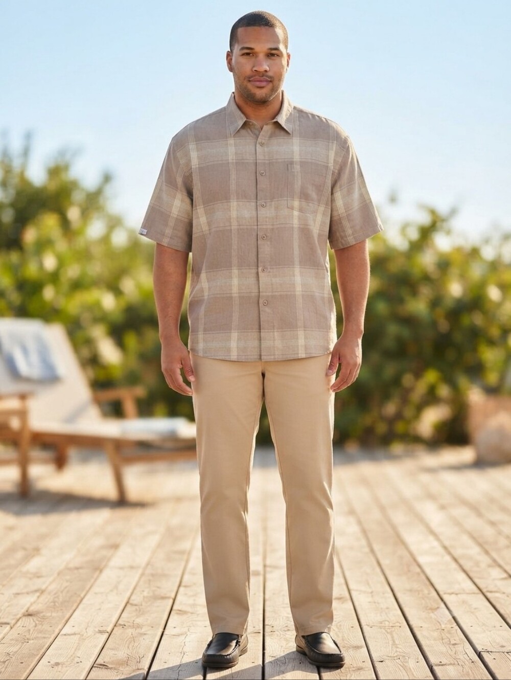 Canopy tan and beige plaid linen blend short sleeve button up shirt, 5XL EUC